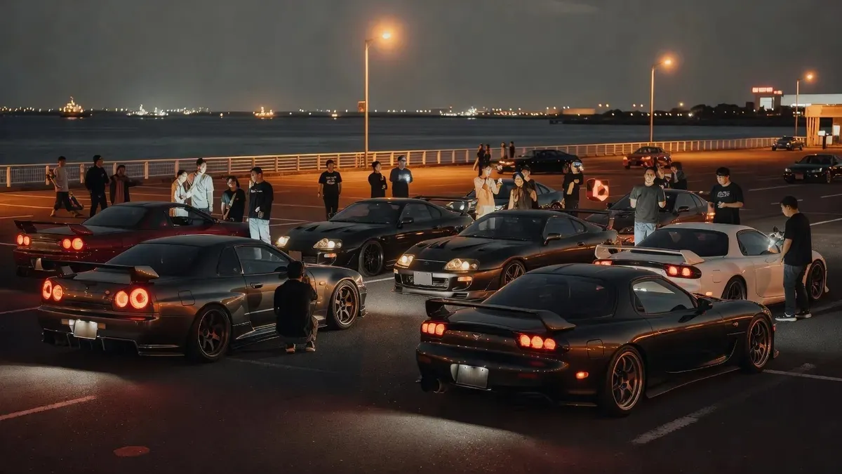 Tuned JDM cars gathered at a night car meet near Tokyo Bay — the kind of atmosphere you soak up on a Fast and Furious Tokyo drift ride experience in Japan